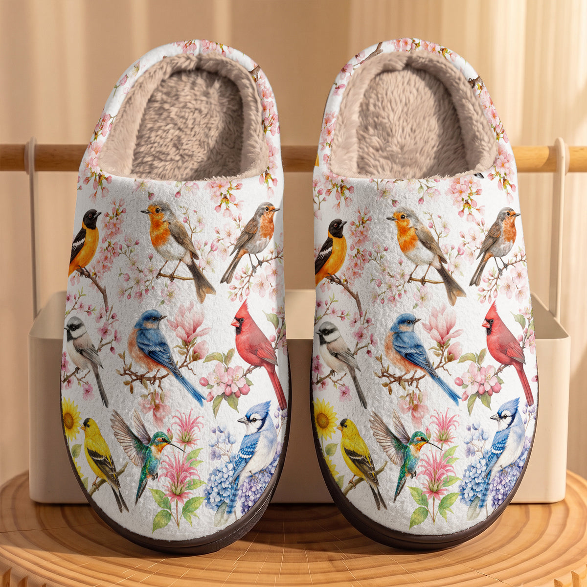 Birds Fleece Lined Slippers Blossom Garden