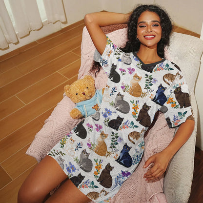 Cat Lover V-neck Nightshirt Charming Floral Cats