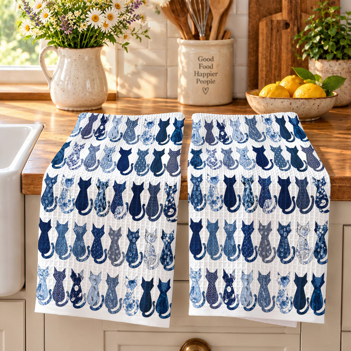 Cat Lovers Kitchen Towel Indigo Purr Feline Rhapsody