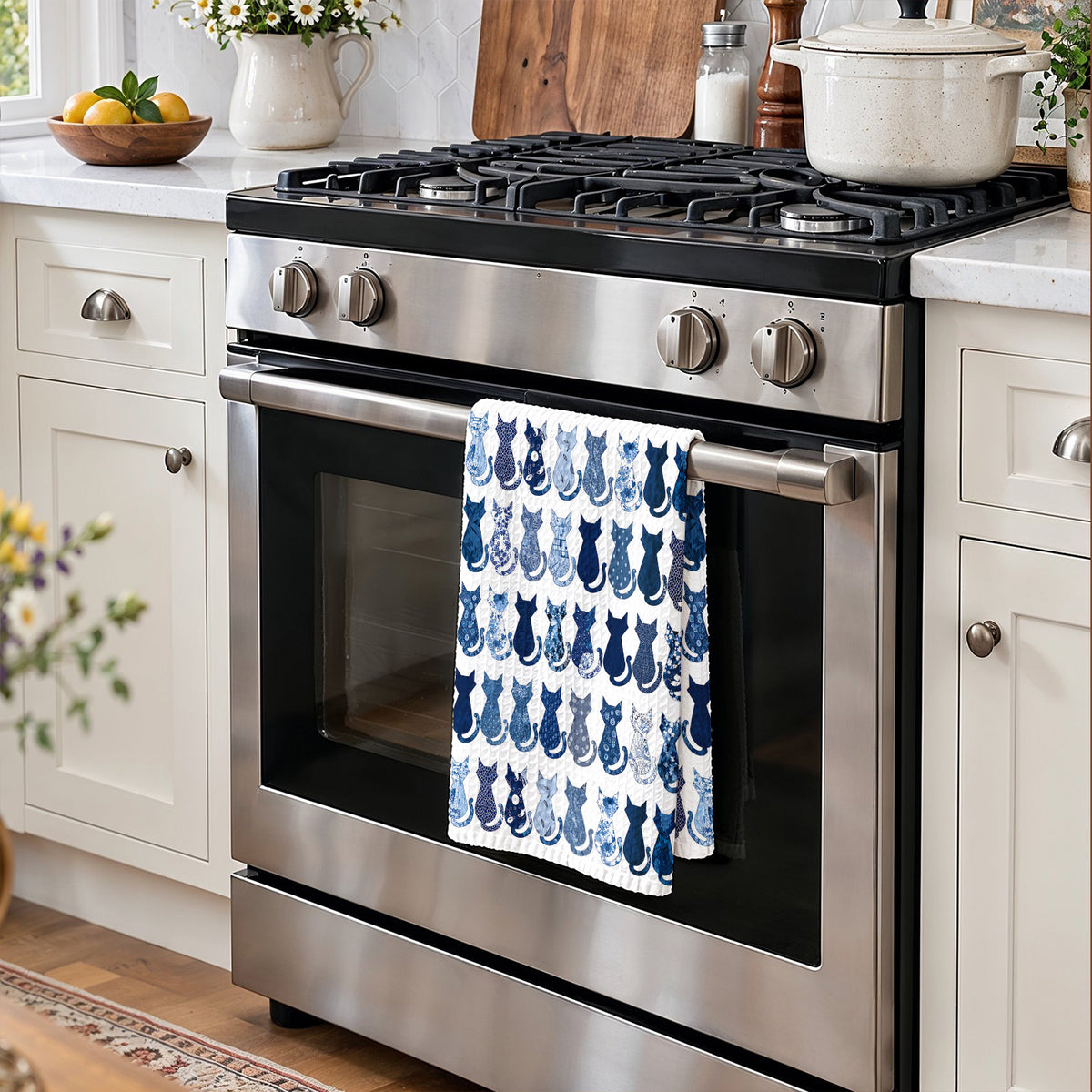 Cat Lovers Kitchen Towel Indigo Purr Feline Rhapsody