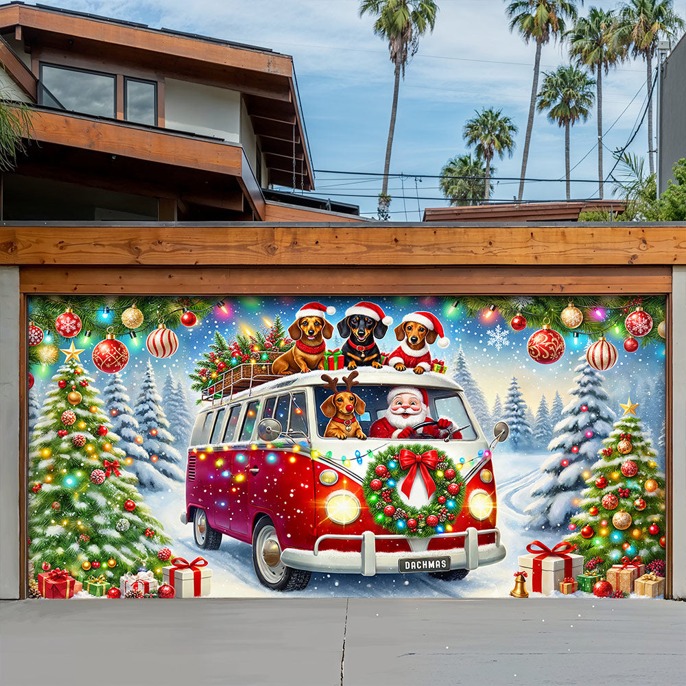 Christmas Garage Door Banner Decoration - Santa's Dachshund Christmas Road Trip