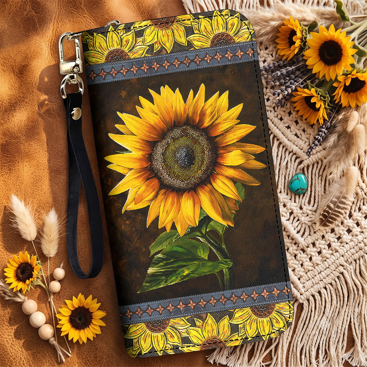 Sunflower Leather Wallet Golden Sunflower Glow