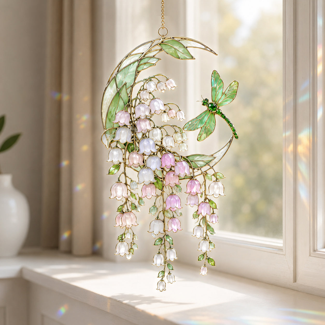 Dragonfly Among Lily of the Valley 3D Glass Suncatcher
