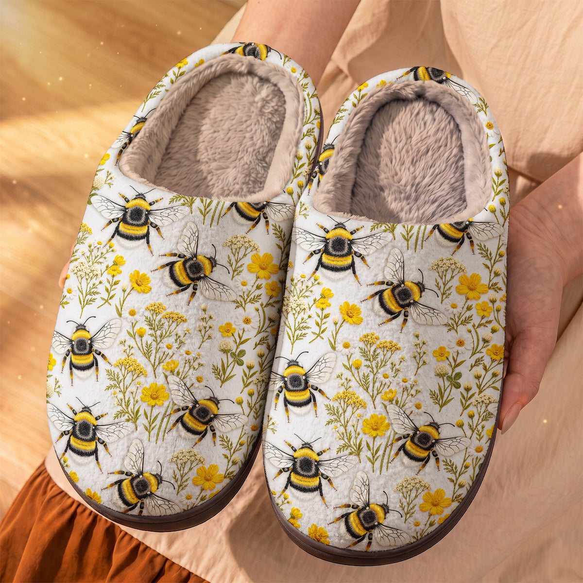 Bee Fleece Lined Slippers Golden Bumblebees & Wildflower Meadow