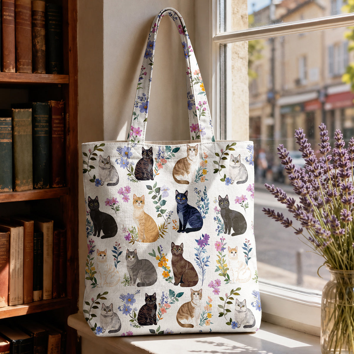 Cat Canvas Tote Bag Charming Floral Cats