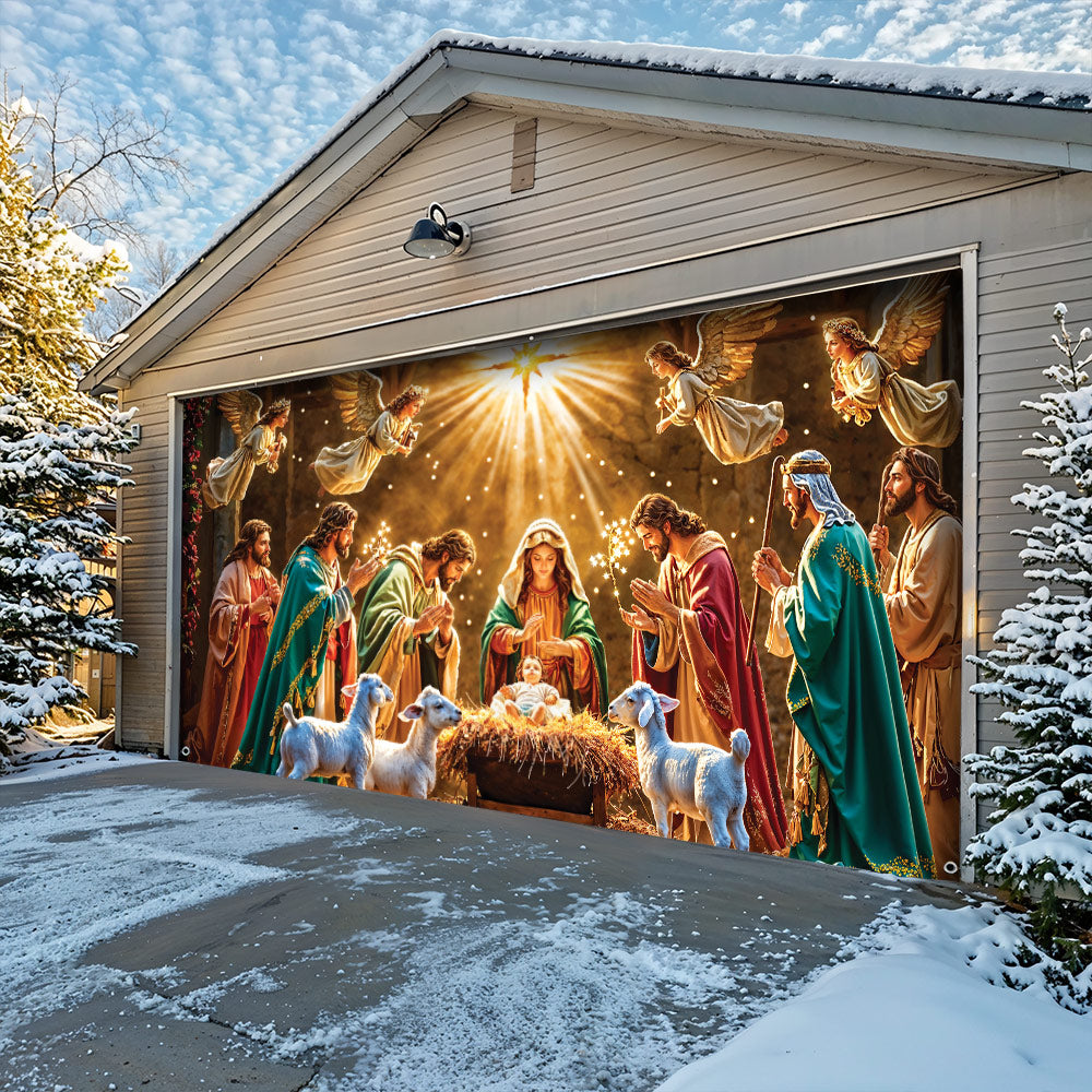God Garage Door Banner Decoration - Divine Light at the Manger The Nativity Scene