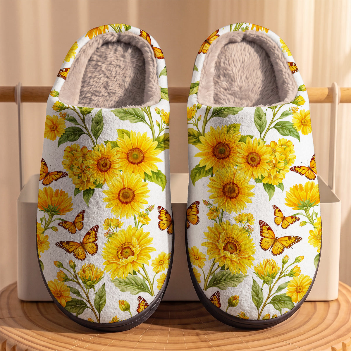 Sunflower And Monarch Butterfly Fleece Lined Slippers