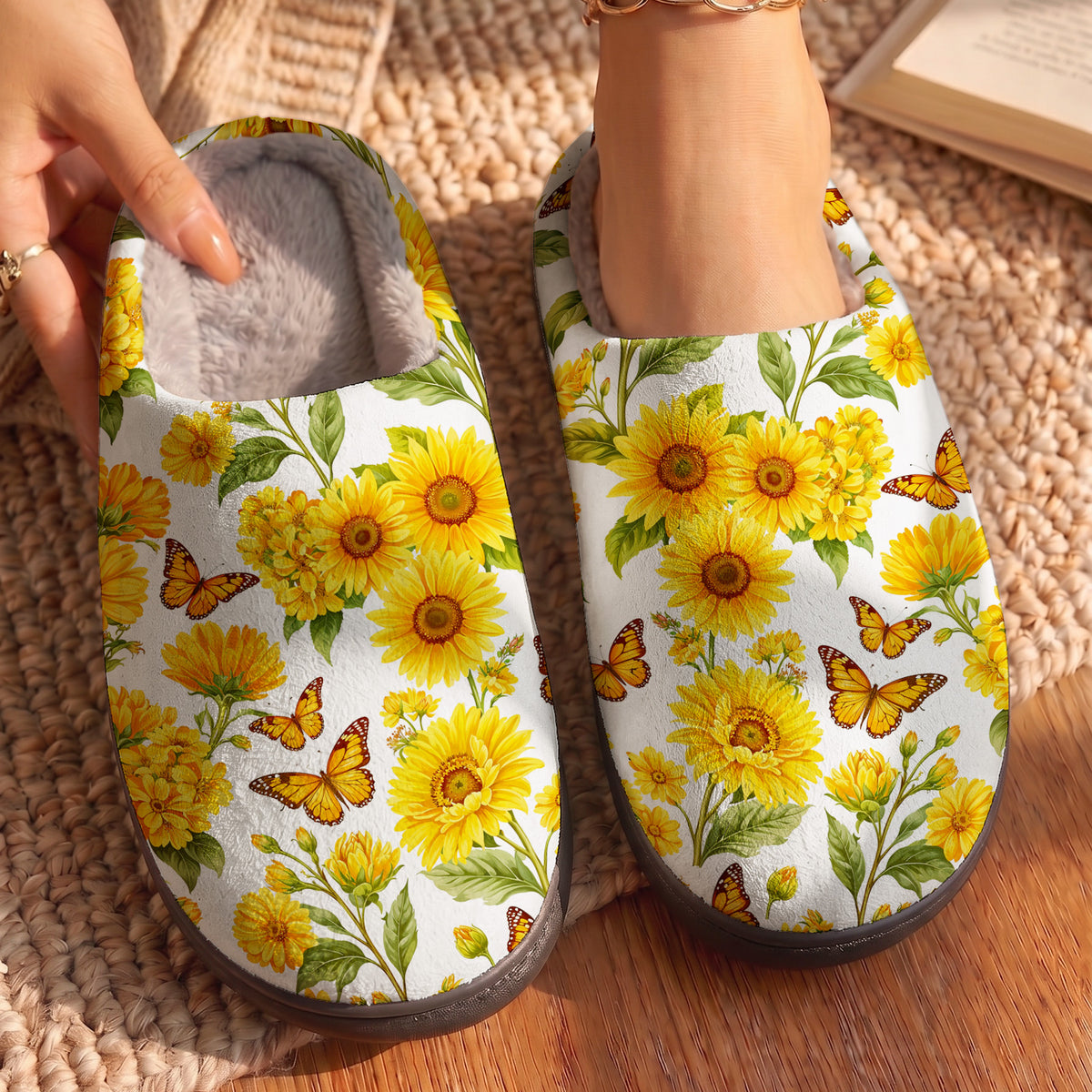 Sunflower And Monarch Butterfly Fleece Lined Slippers