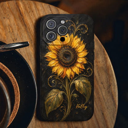 Personalized Golden Sunflower Leather Phone Case