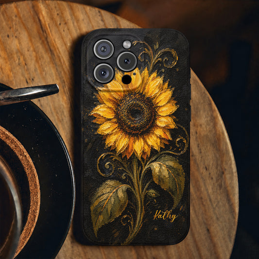 Personalized Golden Sunflower Leather Phone Case