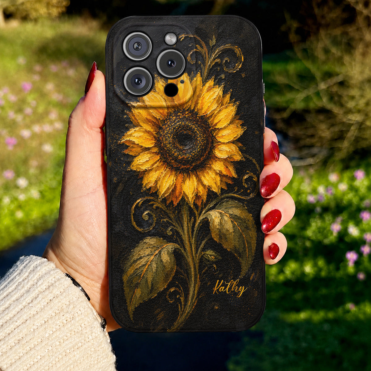 Personalized Golden Sunflower Leather Phone Case