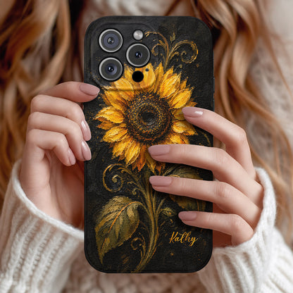 Personalized Golden Sunflower Leather Phone Case