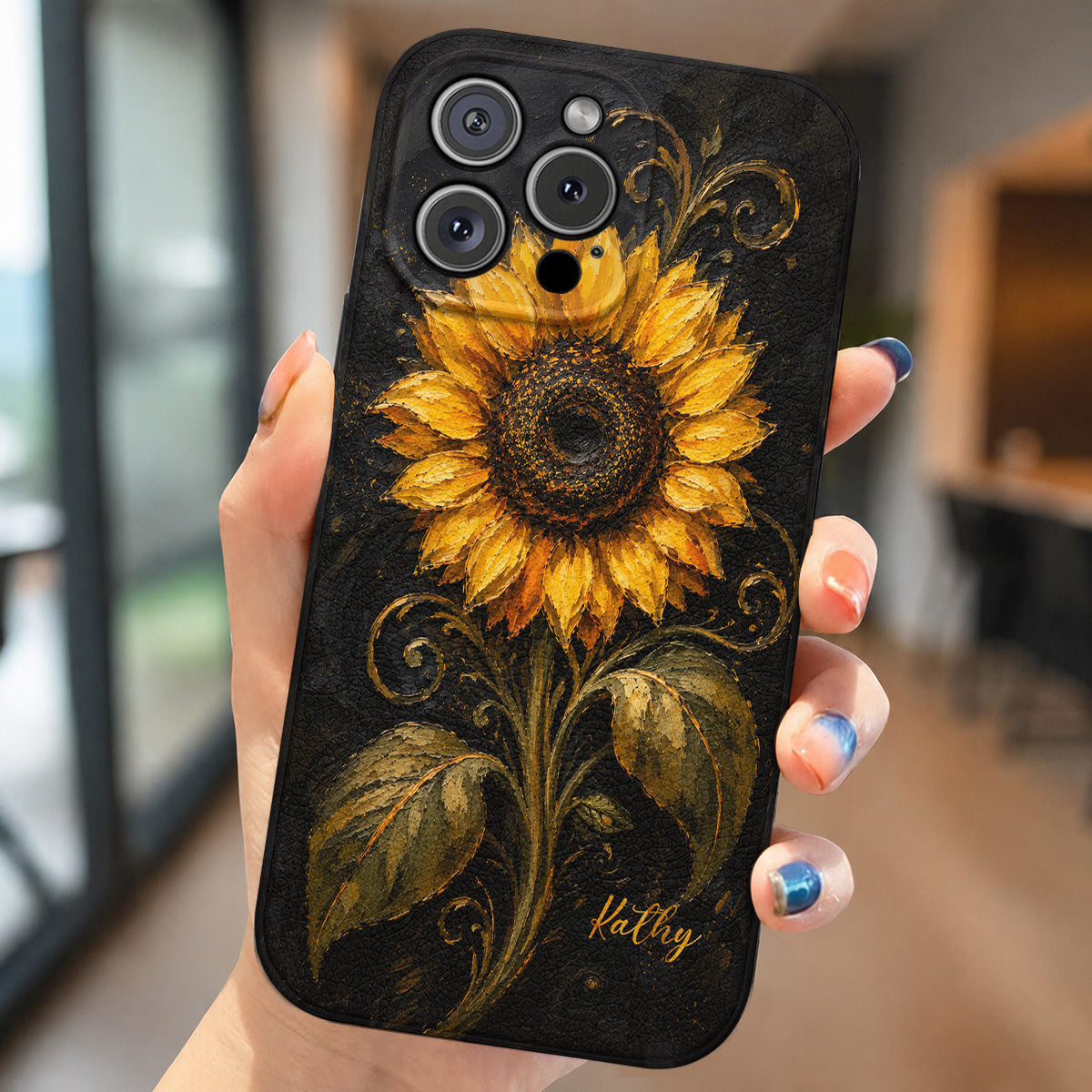 Personalized Golden Sunflower Leather Phone Case
