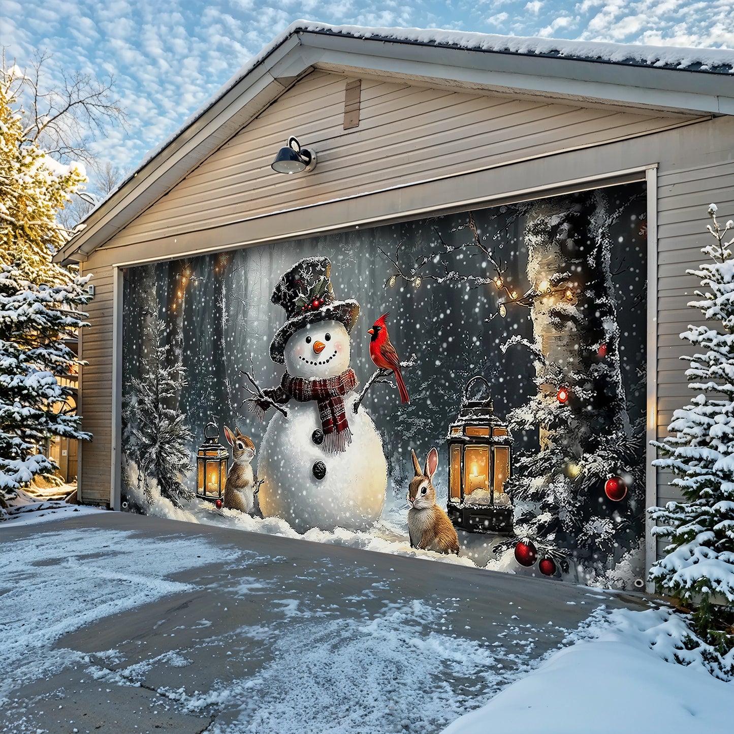 Christmas Garage Door Banner Decoration - Winter Forest Snowman Gathering with Bunnies and Cardinals