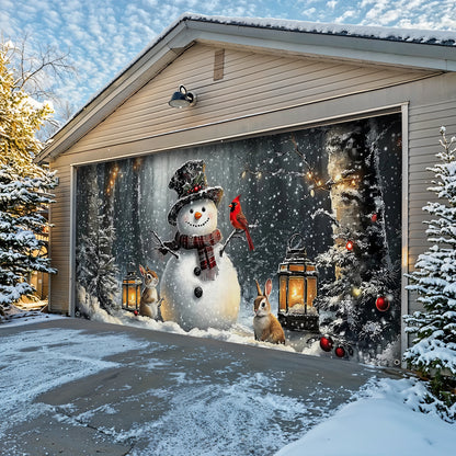 Christmas Garage Door Banner Decoration - Winter Forest Snowman Gathering with Bunnies and Cardinals