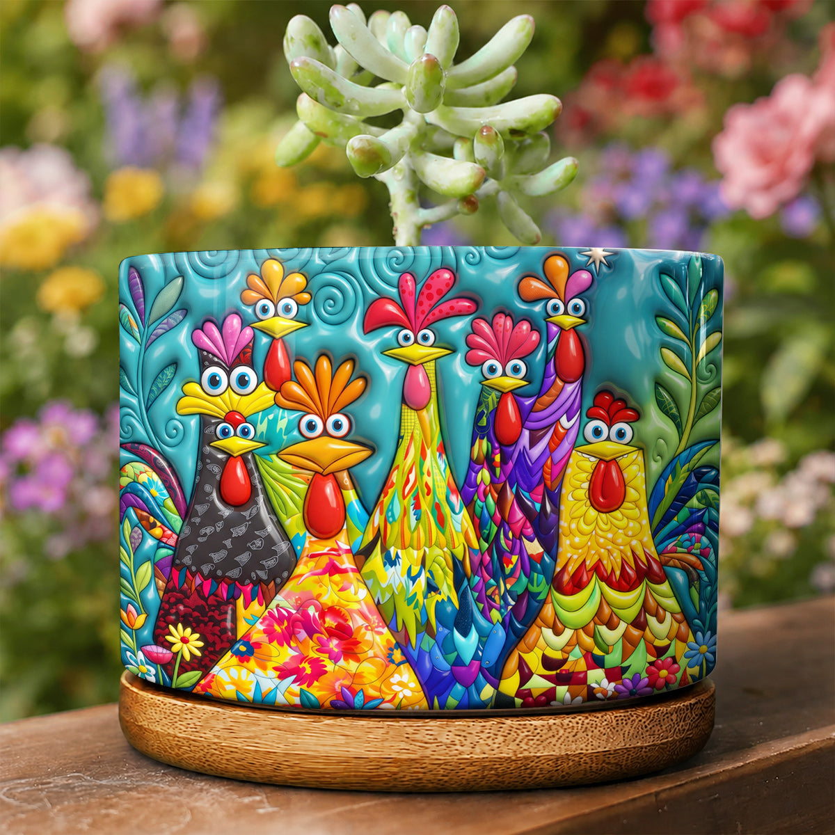 Chicken Ceramic Plant Pot with Bamboo Tray Colorful Chicken Garden