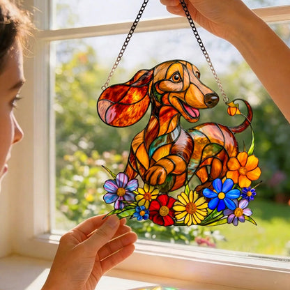 Dachshund in Bloom 3D Glass Suncatcher