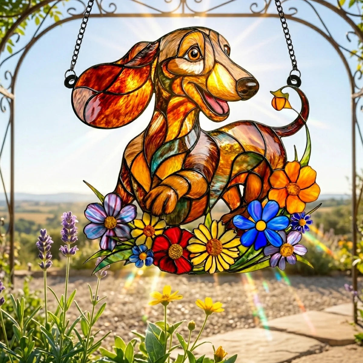 Dachshund in Bloom 3D Glass Suncatcher