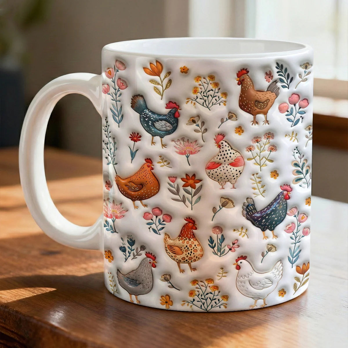 Chicken Ceramic Mug Cute Floral Chickens