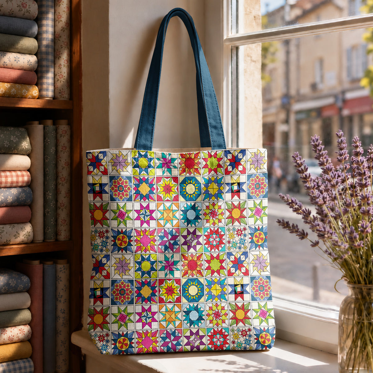 Sewing Lover Canvas Tote Bag Colorful Star Quilt Blocks