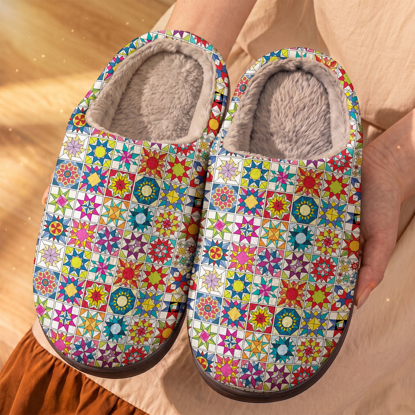 Sewing Lover Fleece Lined Slippers Colorful Star Quilt Blocks