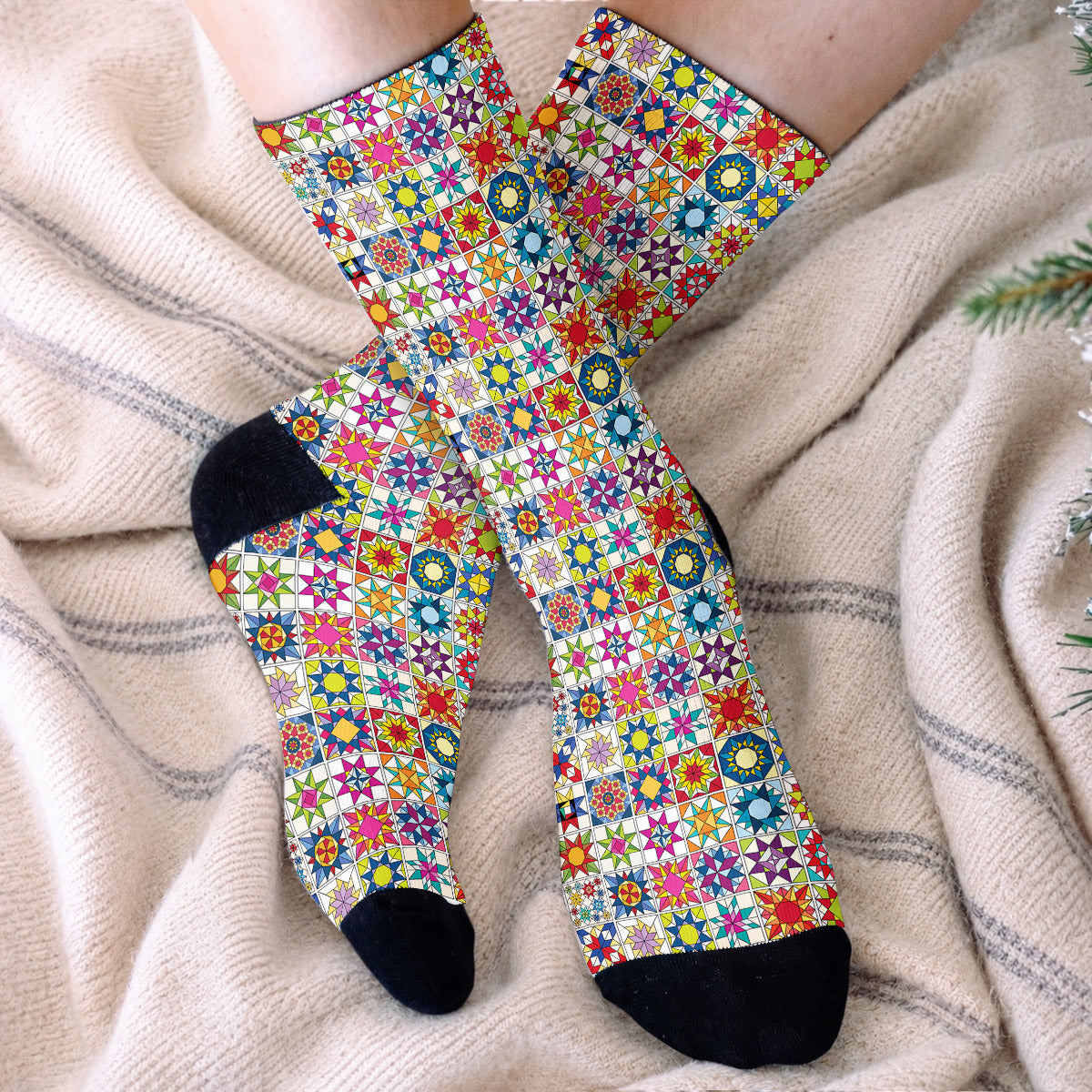 Sewing Lover Crew Socks Colorful Star Quilt Blocks