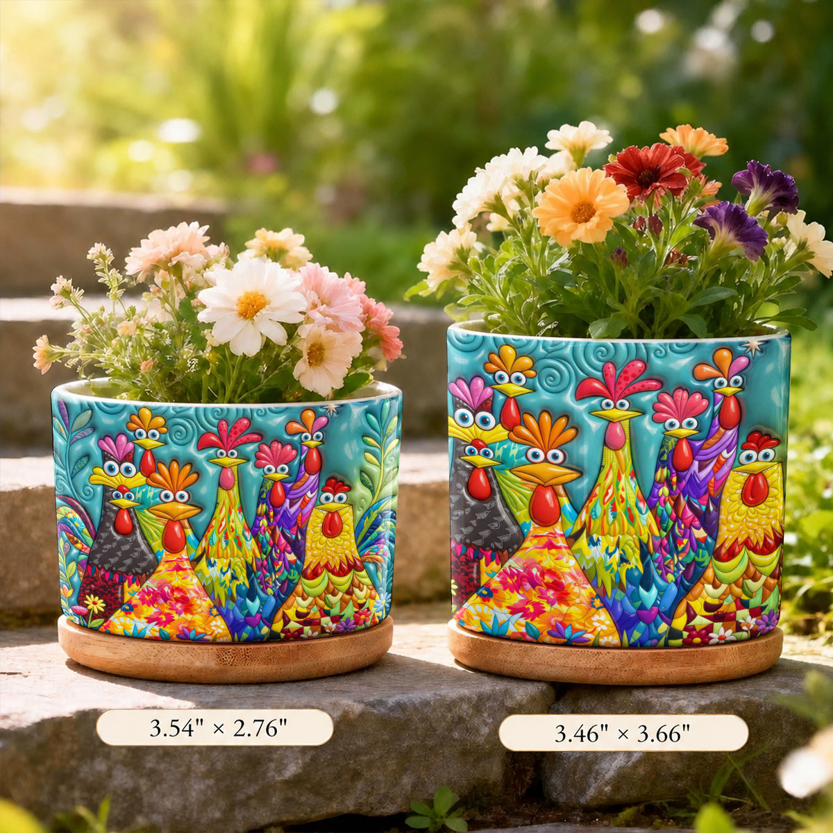 Chicken Ceramic Plant Pot with Bamboo Tray Colorful Chicken Garden