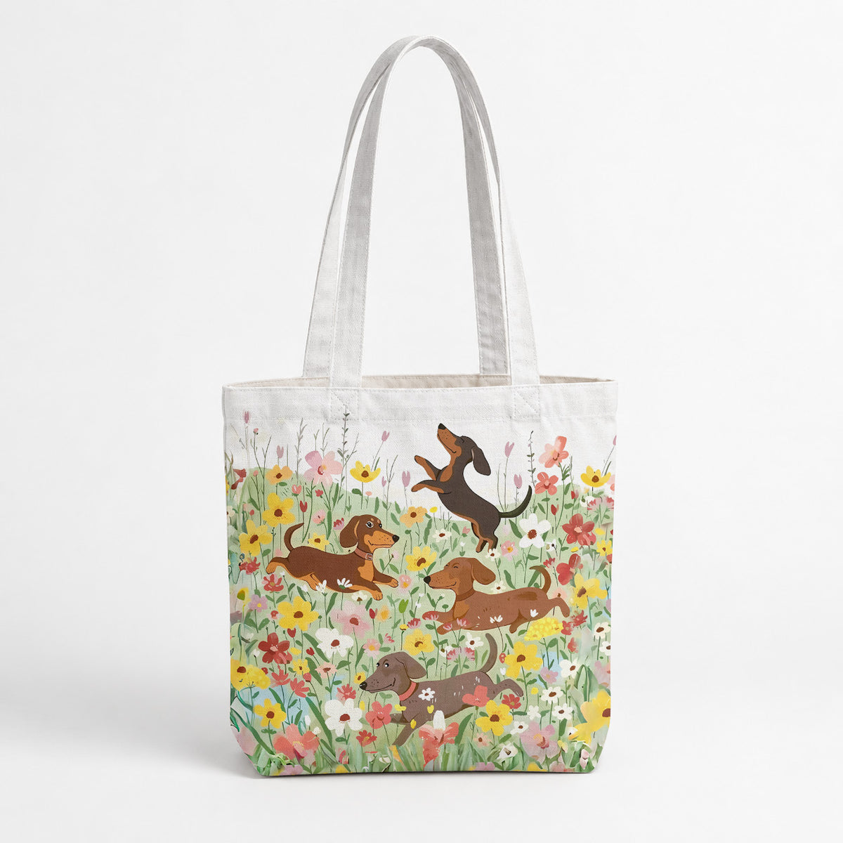 Dachshund Canvas Tote Bag Dashing Happy Dachshunds in Flower Garden