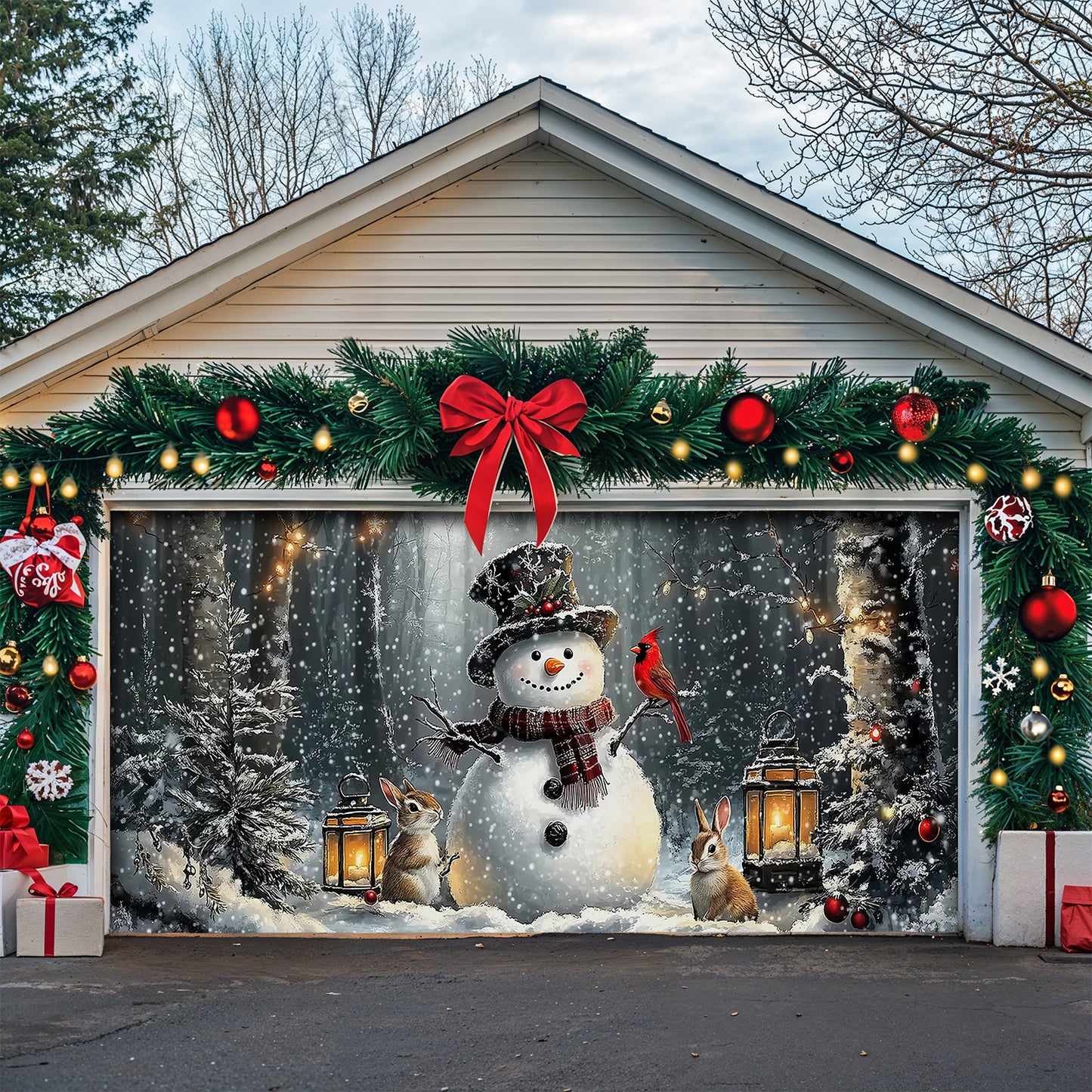Christmas Garage Door Banner Decoration - Winter Forest Snowman Gathering with Bunnies and Cardinals