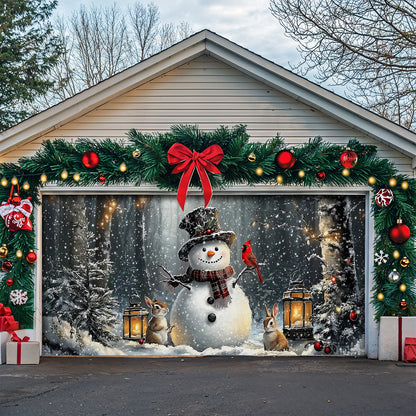 Christmas Garage Door Banner Decoration - Winter Forest Snowman Gathering with Bunnies and Cardinals