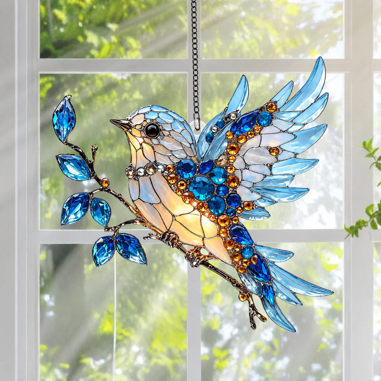 Jeweled Bluebird Garden Glass Suncatcher – Bird Lover Gift & Window Décor