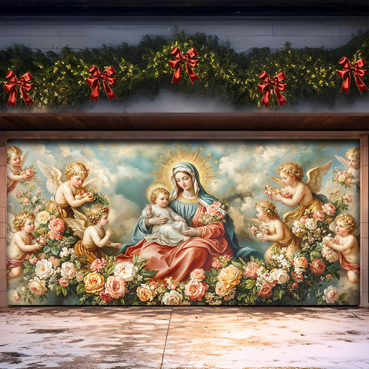 Virgin Mary Garage Door Banner Decoration - Divine Motherhood in a Garden of Angels