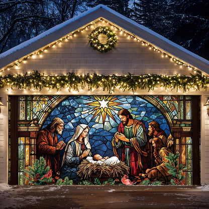 God Garage Door Banner Decoration - The Holy Night in Stained Glass