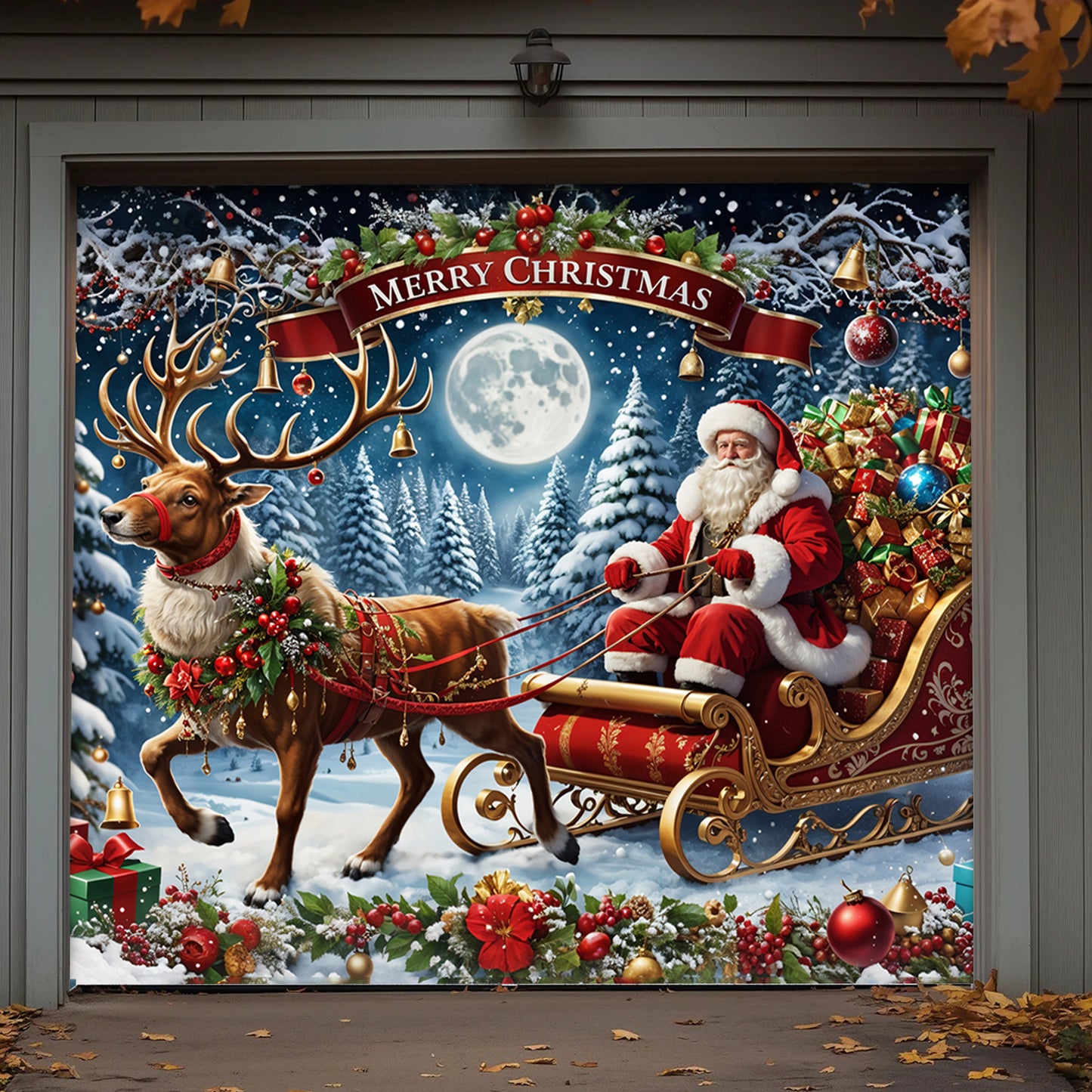 Christmas Garage Door Banner Decoration - Santa’s Sleigh Ride Spreading Cheer on a Winter’s Eve