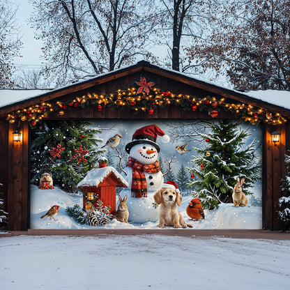 Christmas Garage Door Banner Decoration - Happy Snowman’s Woodland Companions