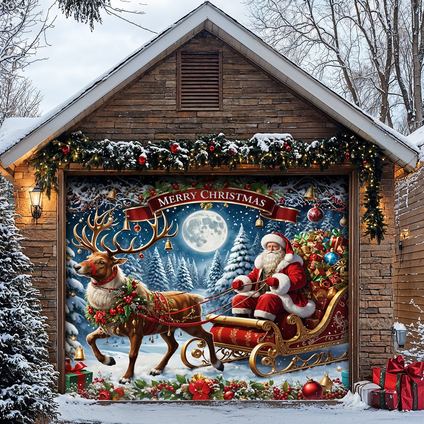 Christmas Garage Door Banner Decoration - Santa’s Sleigh Ride Spreading Cheer on a Winter’s Eve