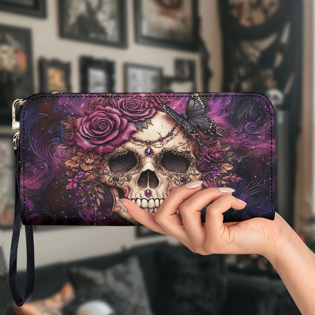 Skull Leather Wallet Midnight Bloom Violet Rose Gothic Skull