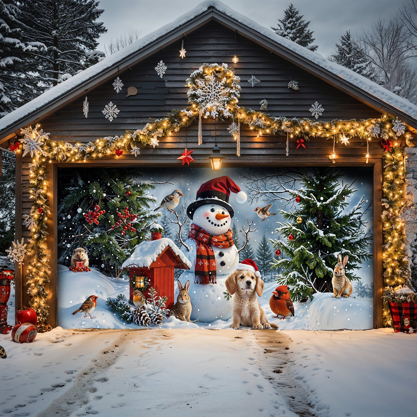 Christmas Garage Door Banner Decoration - Happy Snowman’s Woodland Companions
