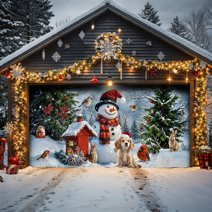 Christmas Garage Door Banner Decoration - Happy Snowman’s Woodland Companions