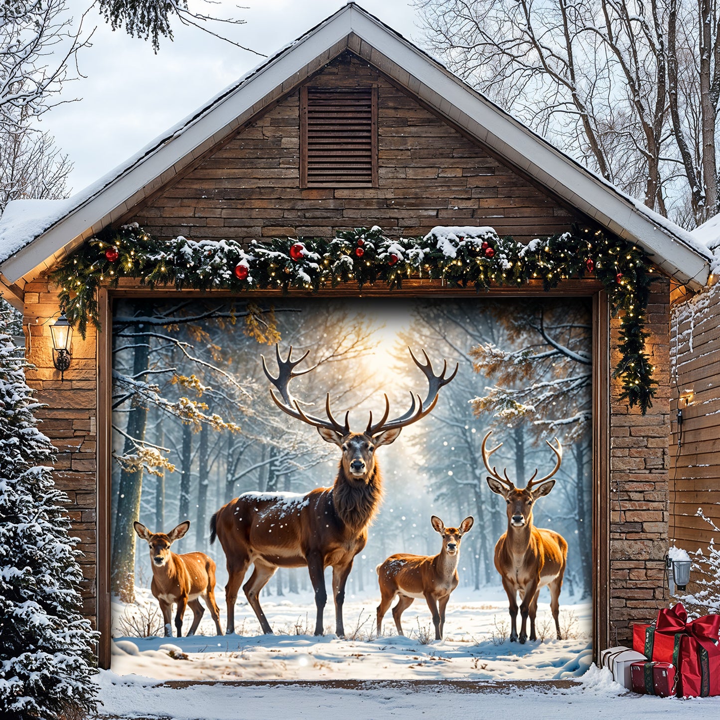 Christmas Garage Door Banner Decoration - Majestic Reindeer Family in Winter Wonderland