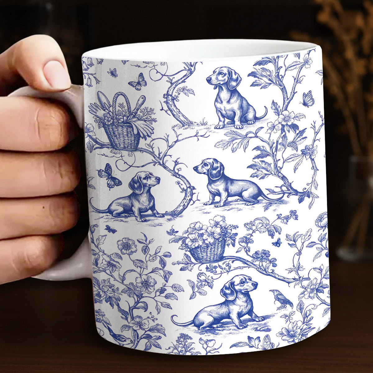 Dachshund Ceramic Mug Blue Blossom Dachshund Toile