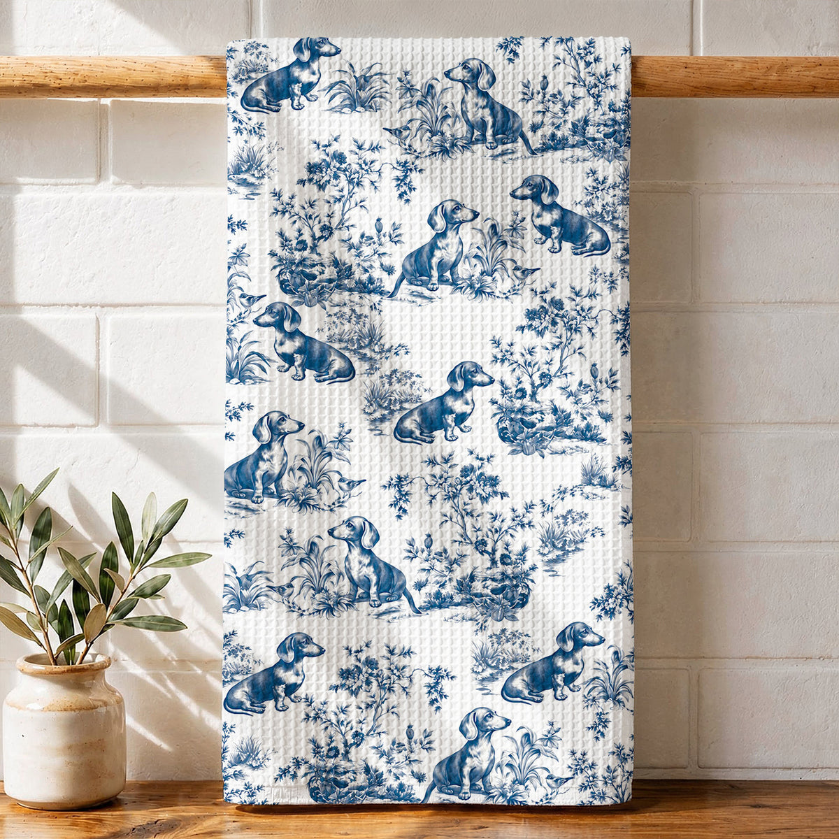 Dachshund Lovers Kitchen Towel Blue Toile Dachshund Garden
