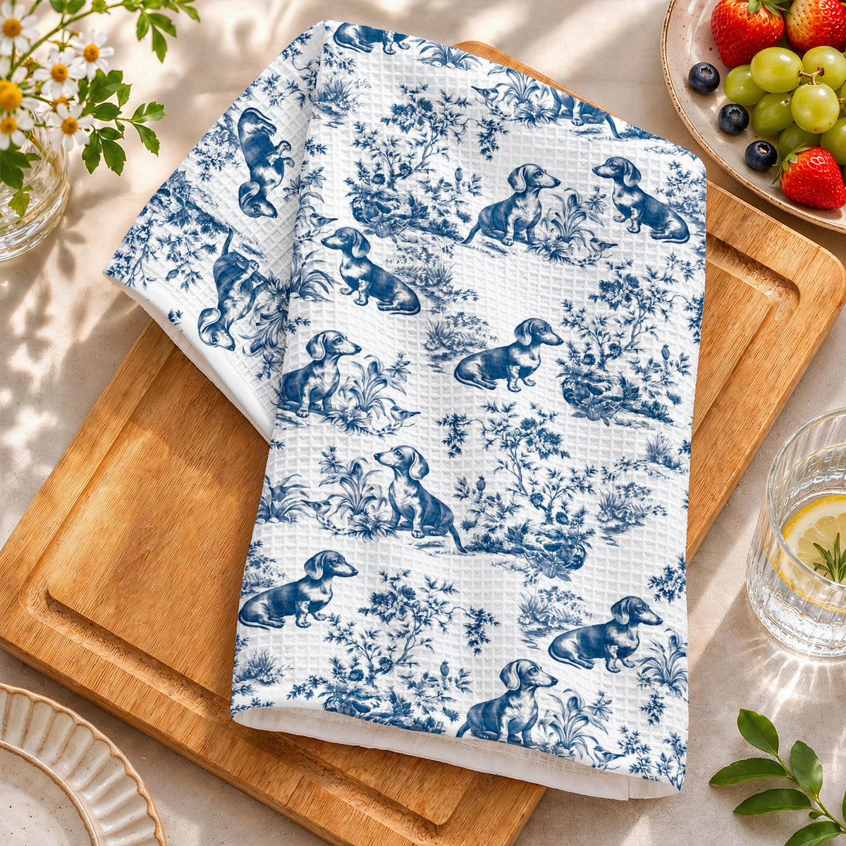 Dachshund Lovers Kitchen Towel Blue Toile Dachshund Garden