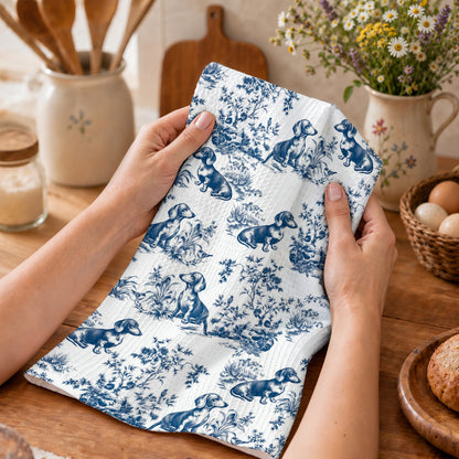 Dachshund Lovers Kitchen Towel Blue Toile Dachshund Garden