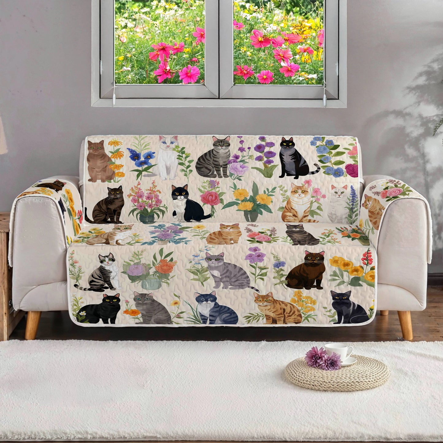 Cat Quilted Sofa Cover Charming Garden