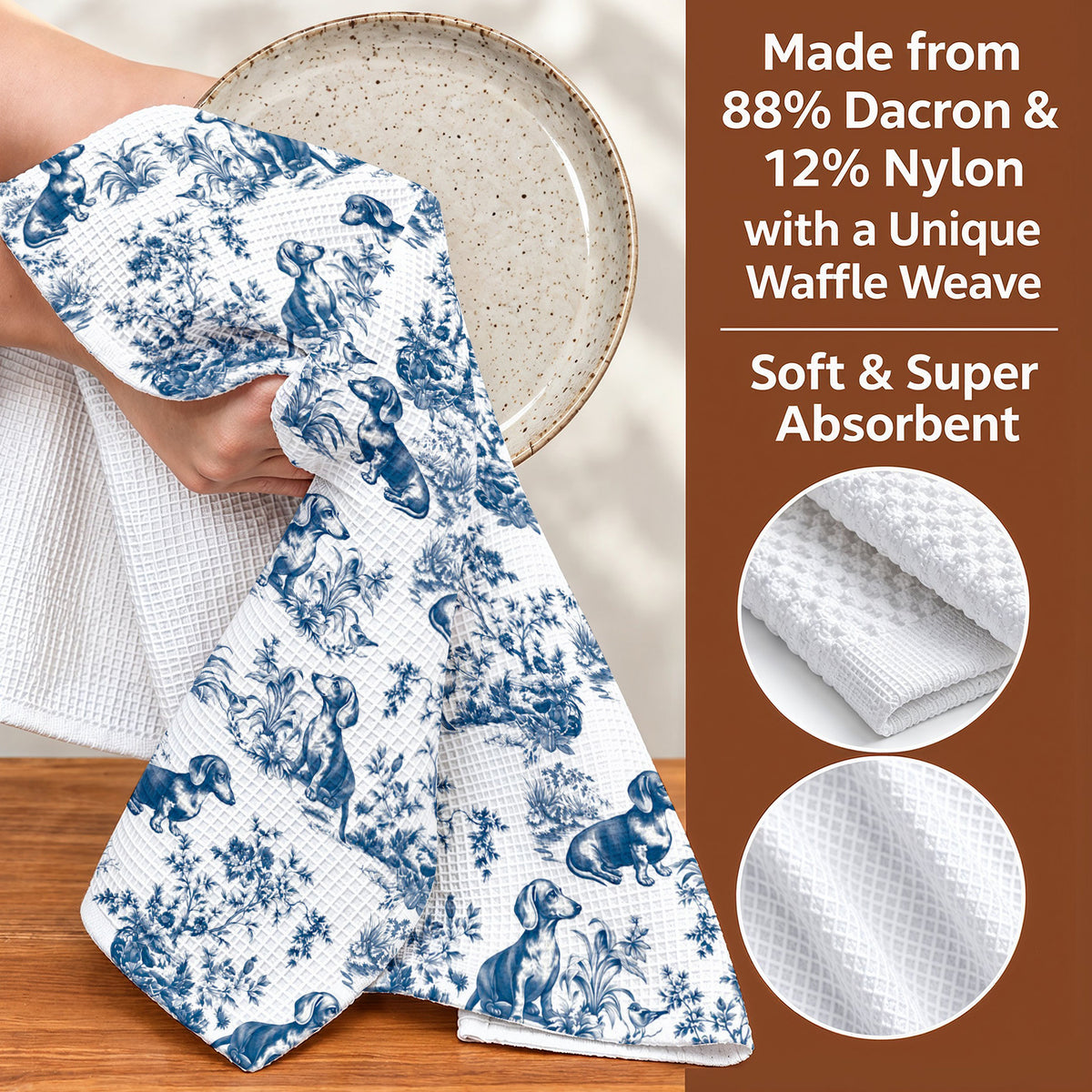 Dachshund Lovers Kitchen Towel Blue Toile Dachshund Garden