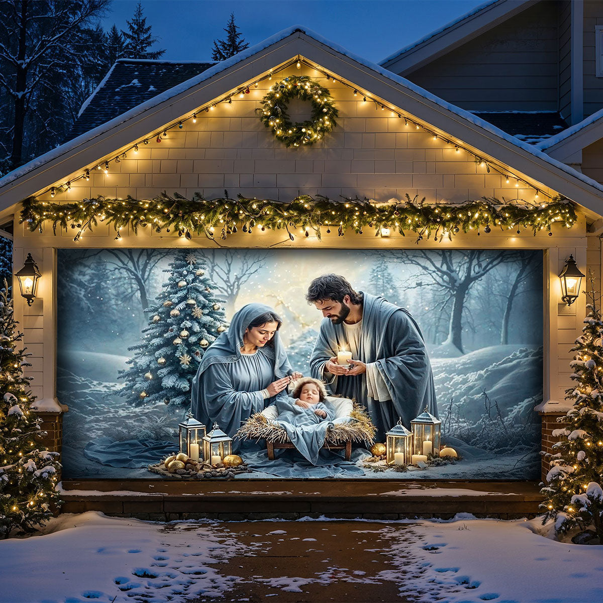 Winter Garage Door Banner Decoration -  Silent Night Nativity