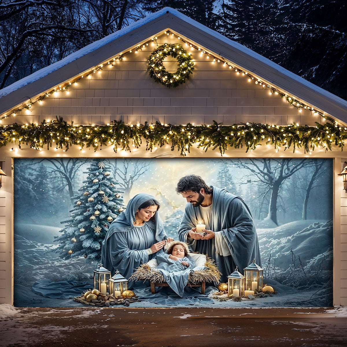 Winter Garage Door Banner Decoration -  Silent Night Nativity