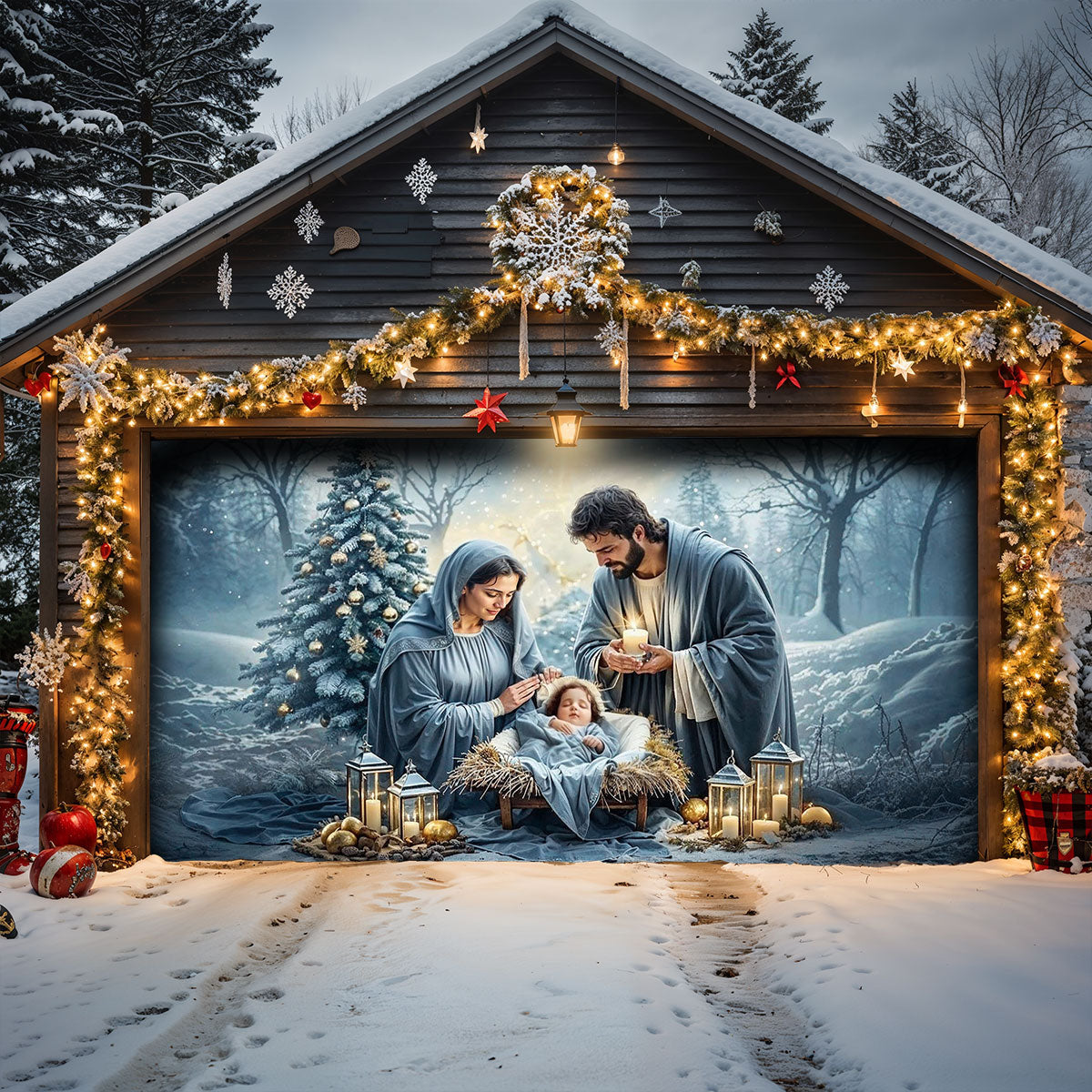 Winter Garage Door Banner Decoration -  Silent Night Nativity