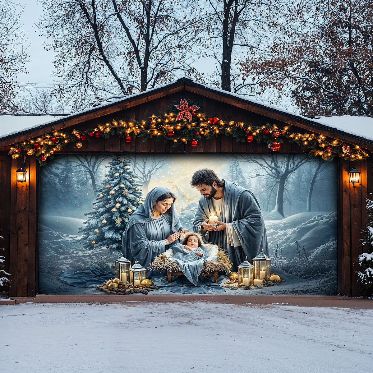 Winter Garage Door Banner Decoration -  Silent Night Nativity